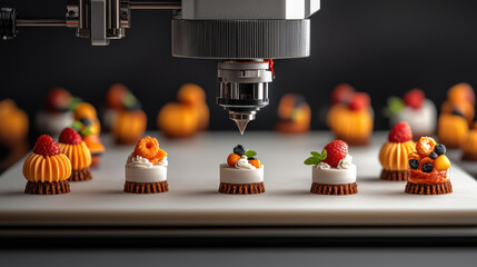 Poster - Intricate food designs are being created by 3D food printer, showcasing colorful desserts with fruits and cream. precision of technology meets culinary art in this innovative process