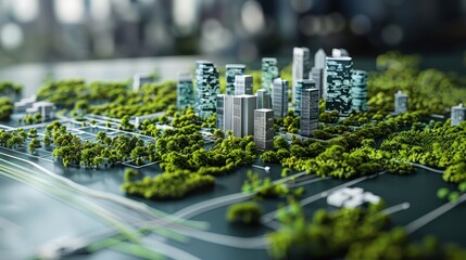Poster - detailed miniature model of modern cityscape surrounded by lush greenery, showcasing skyscrapers and urban planning. vibrant scene highlights harmony between nature and architecture