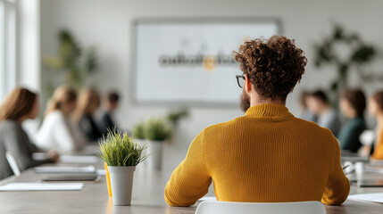 Aufkleber - Engaged participants in brainstorming session focused on sustainability, showcasing collaboration and creativity in modern office environment