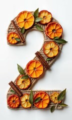 Wall Mural - Letter and number formed with dried citrus slices, cinnamon sticks, and green leaves on a white background
