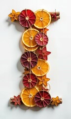 Wall Mural - Letter and number formed with dried citrus slices, cinnamon sticks, and green leaves on a white background
