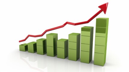 Poster - Growing green bar graph with upward trend line symbolizes success and progress in business. vibrant colors convey sense of optimism and achievement