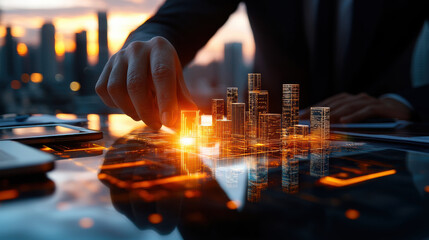 Aufkleber - Innovative business leader presenting futuristic city model with glowing skyscrapers, showcasing urban development and technology