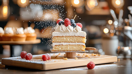 Aufkleber - Delicious cake with layers of cream and fresh berries, beautifully presented on wooden board, surrounded by scattered powdered sugar, creating delightful atmosphere