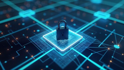 Poster - Secure network system protected by lock. Advanced tech safeguarding data integrity. Cyber defense strategy. Network security, device protection. Preventing data breaches. Innovation in information
