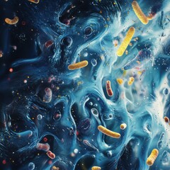 Poster - Swirling microbes navigating through a vibrant liquid landscape filled with diverse bacteria and movement. Generative AI