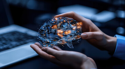 Leinwandbilder - image depicts person holding digital representation of brain, symbolizing artificial intelligence and data processing. This visual conveys innovation and technology in field of machine learning