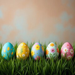  Front view of a row of colorful, decorated Easter eggs nestled in lush green grass, set against a soft pastel brown background. Perfect for spring and Easter themes.