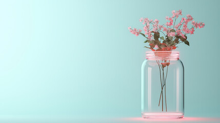 Poster - modern glass vase with integrated sensors holds delicate pink flowers, creating serene and stylish decor piece. soft pastel background enhances floral arrangement beauty
