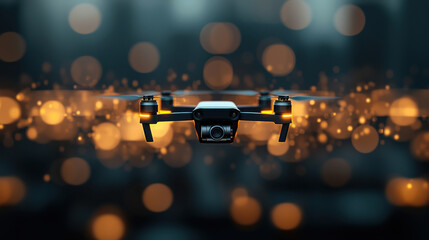 Poster - sleek drone hovers in blurred urban background, illuminated by glowing bokeh lights, showcasing advanced technology and innovation in aerial delivery systems