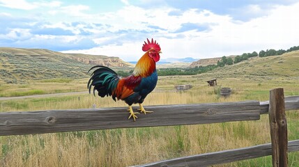 Poster - Colorful rooster perched on a wooden fence in a vibrant landscape during midday. Generative AI