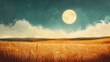 © Thiago - Stunning landscape with a dramatic moonrise over a golden field. beautiful natural scenery with warm tones and breathtaking sky. moonrise. illustration. Moonbreeze. Illustration