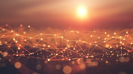 Poster - Abstract digital landscape with glowing connections and sunset light, creating warm and inviting atmosphere. interplay of light and lines evokes sense of innovation and technology