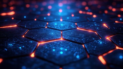 Poster - futuristic digital landscape with hexagonal networks and glowing connections for technology and inno
