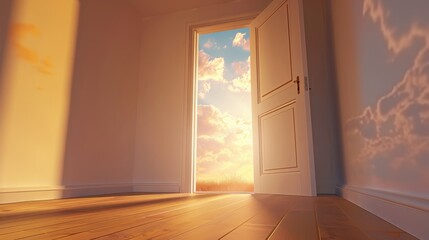 Wall Mural - serene room with open door revealing beautiful sunset sky, casting warm light and shadows on wooden floor, creating peaceful atmosphere