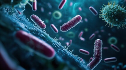 Poster - Pills encircle and engage bacteria, showcasing advancements in medical science and treatment methods aimed at infection control. Generative AI