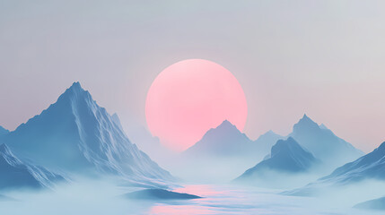 Poster - Majestic moonrise over an icy landscape with towering peaks and ethereal fog surrounding the scene. generative ai. ethereality. illustration. Moonbreeze. Illustration