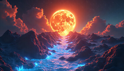 digital art of a full moon in the sky over a sea with mountains and clouds