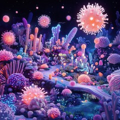 Leinwandbilder - Vibrant microscopic landscape filled with glowing viruses in a surreal, colorful environment. Generative AI
