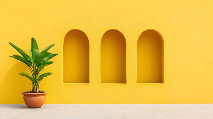 Wall Mural - Yellow wall with arched niches and potted plant.