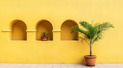 Wall Mural - Yellow wall with arched niches and potted plant.