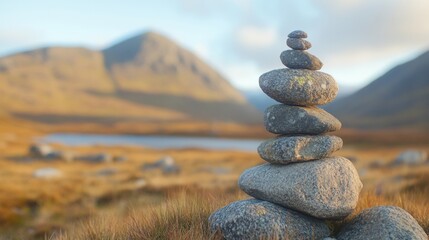 Poster - A carefully stacked stone cairn stands amidst lush grass, framed by majestic mountains and a tranquil body of water under a soft sky