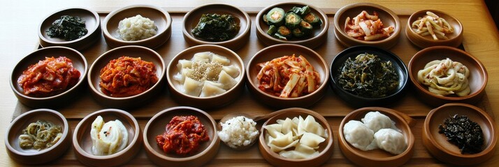 Poster - Vibrant table spread showcasing traditional Korean dishes with kimchi, bibimbap, and dumplings in a cozy setting. Generative AI