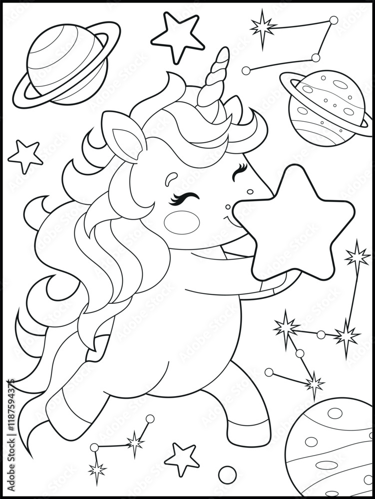 Space Unicorn Coloring Page for Kids. Printable Black and White ...