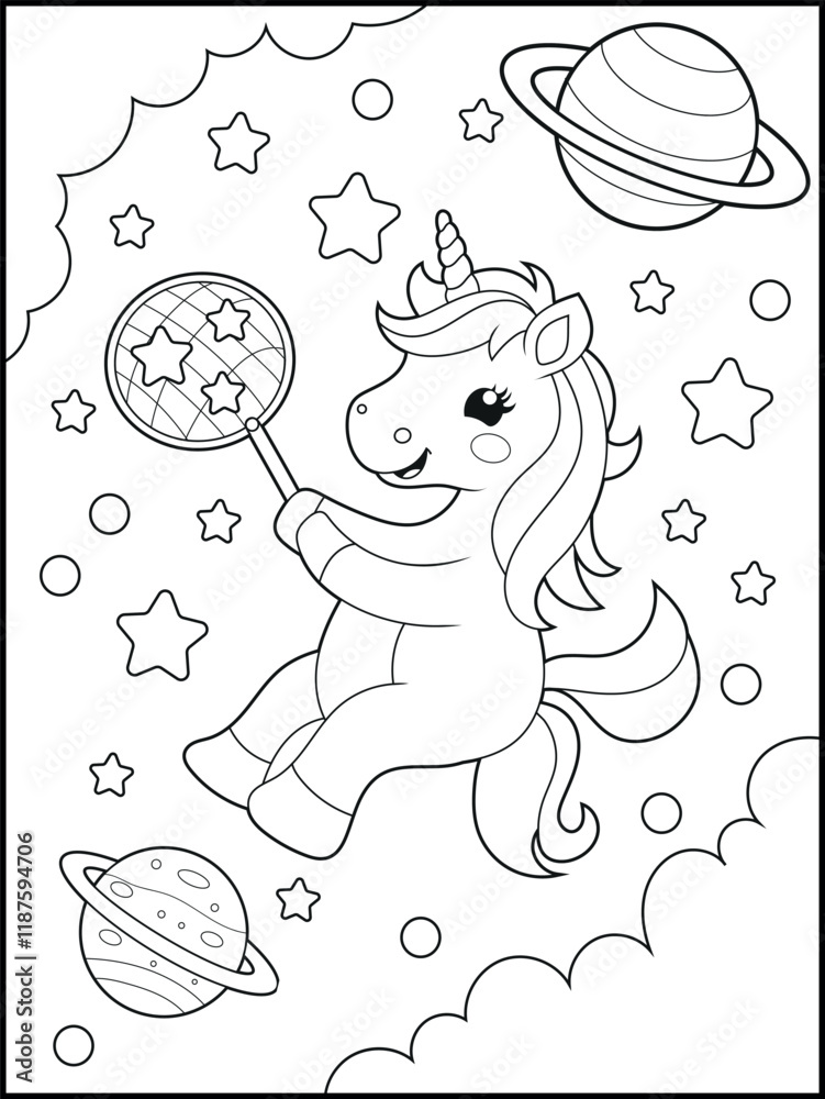 Space Unicorn Coloring Page for Kids. Printable Black and White ...