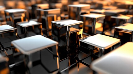 Poster - A collection of shiny metallic blocks arranged in a grid, reflecting warm light and creating an abstract visual effect