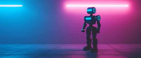 Poster - Futuristic robot standing in neon-lit room.