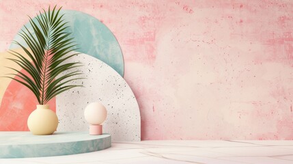 Poster - This setup showcases a minimalist podium with geometric shapes, a plant, and soft lighting in a pastel-themed environment