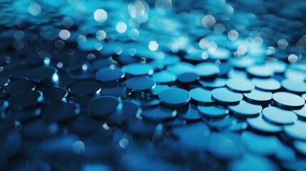 Poster - Close-up view reveals an abstract arrangement of blue metallic discs reflecting light, creating a vibrant and textured visual experience