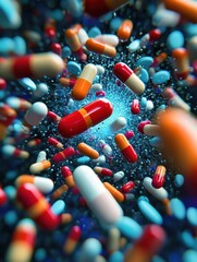 Poster - Pills symbolizing medical progress encircle and attack bacteria in a vibrant and dynamic representation of healthcare advancements. Generative AI