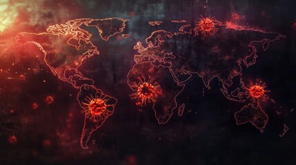 Leinwandbilder - World map highlighting zones of viral spread across different regions and continents during a pandemic alert. Generative AI