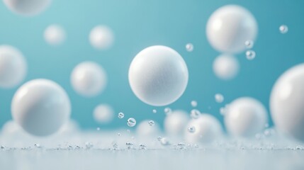 Poster - Abstract composition of floating white spheres enhances a calming environment with an airy light blue backdrop, emphasizing tranquility