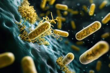 Poster - Pills surround bacteria in a dynamic representation of advances in medical science and antibiotic efficacy. Generative AI