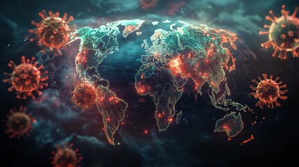 Leinwandbilder - World map illustrating zones of viral spread and impact on global health dynamics. Generative AI