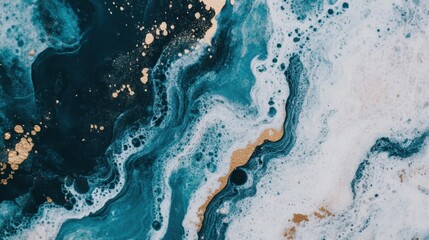 Poster - Swirls of blue and white merge beautifully with golden touches, creating a striking abstract composition full of texture and movement