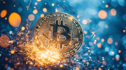 Poster - A stunning display of an exploding Bitcoin surrounded by electric sparks symbolizes the vibrant energy of cryptocurrency innovation