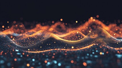 Poster - Glowing particles form dynamic waves, illustrating complex financial data trends in a digital landscape with an abstract, futuristic design