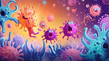 Aufkleber - Cartoon viruses engaged in playful battle against colorful antibodies in a vibrant, animated setting. Generative AI