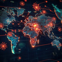 Poster - World map highlighting zones of viral spread and patterns of infection across regions in real time. Generative AI
