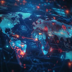 Aufkleber - World map illustrating highlighted zones of viral spread and data visualization with digital elements. Generative AI