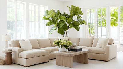 Wall Mural - Sunlit living room with beige sectional sofa, large plant, wooden coffee table, and neutral decor.