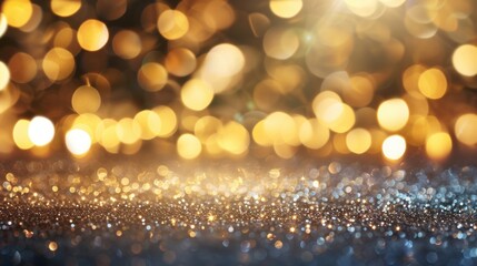 Poster - Shimmering gold glitter and soft bokeh lights bring a vibrant, festive ambiance to an evening celebration, enhancing the dark surroundings