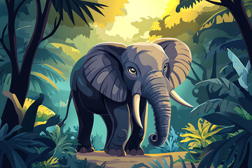 a vibrant illustration of an elephant in a lush jungle setting.