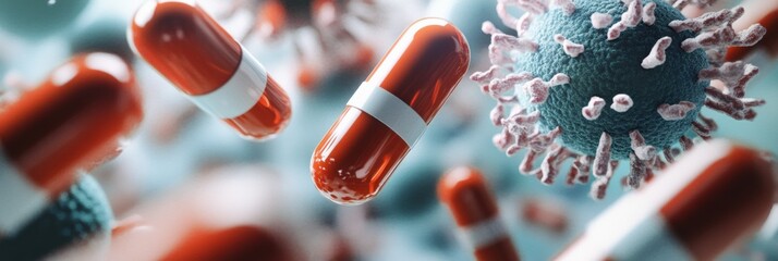 Poster - Pills encircling bacteria representing advances in medical science and treatment technologies in contemporary health care. Generative AI