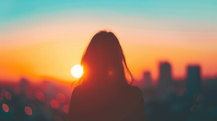 Wall Mural - a woman stands overlooking a sprawling city as the sun sets, casting warm hues over the skyline and 