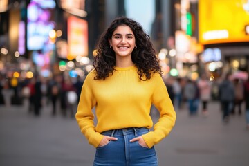 Young woman smiling and standing on the street at dusk